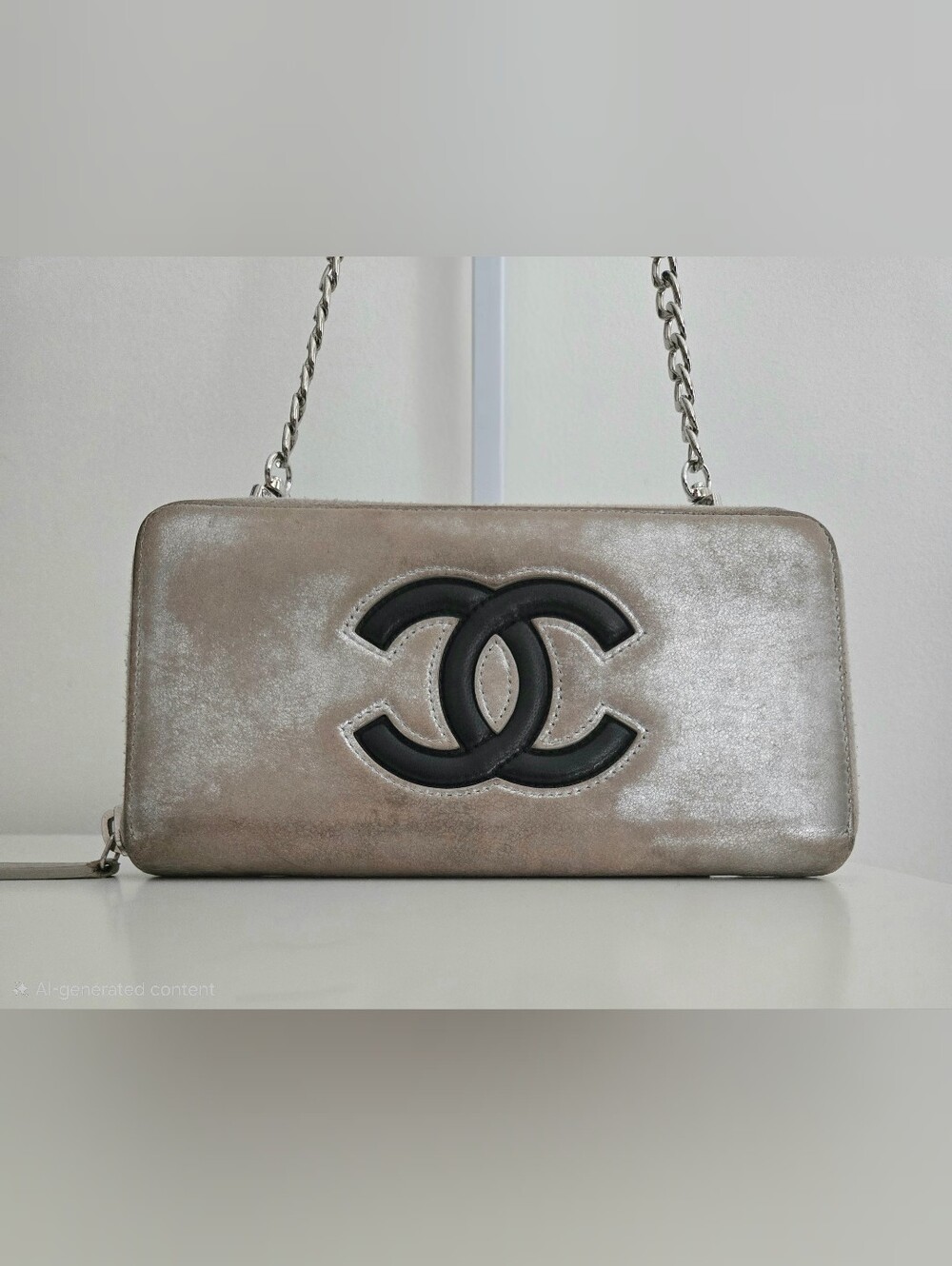 Authentic CHANEL Distressed Metallic Timeless CC Wallet on Chain (WOC)